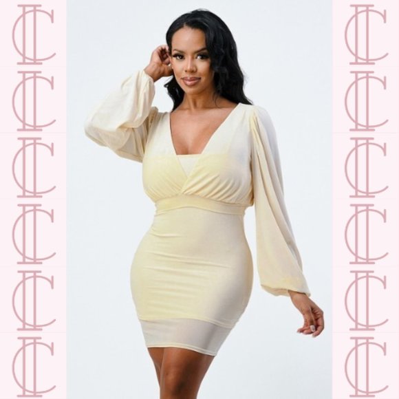 Lux Mesh Layered Lining V Neck Bubble Slv Bodycon Dress (Cream) - Picture 1 of 1